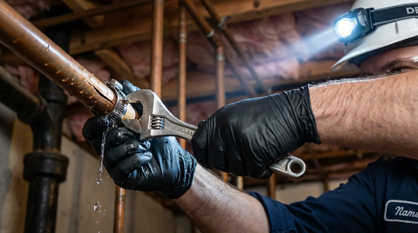 Emergency pipe clamp repair being performed by a Johns Plumbing LLC plumber in Emmaus