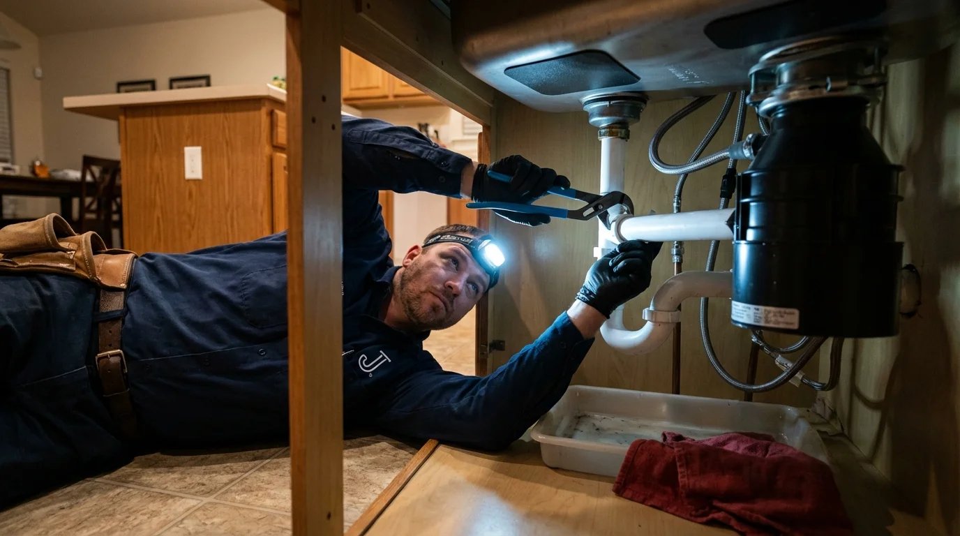 P-trap and supply line connections under a kitchen sink showing a common leak point in Emmaus, PA